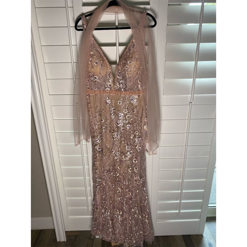 $598 Mac Duggal Women's Size 10 Pink Floral Embellished Sleeveless Gown - Picture 4 of 8